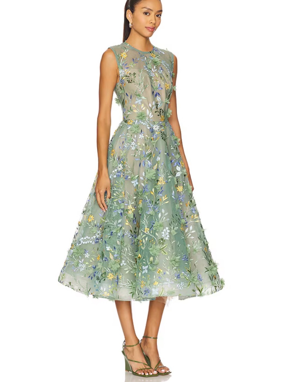 Sage Green Floral Embroidered Midi Dress - Picture 2 of 6